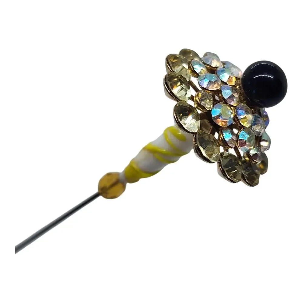 Vintage Rhinestone Stick Pin AB Crystal Black Bead Art Glass Hat Pin Estate